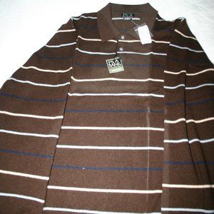 Jos A Bank Sweater Shirt 80% Lambswool 20% Nylon, Brown w/Blue and Tan Stripe XL